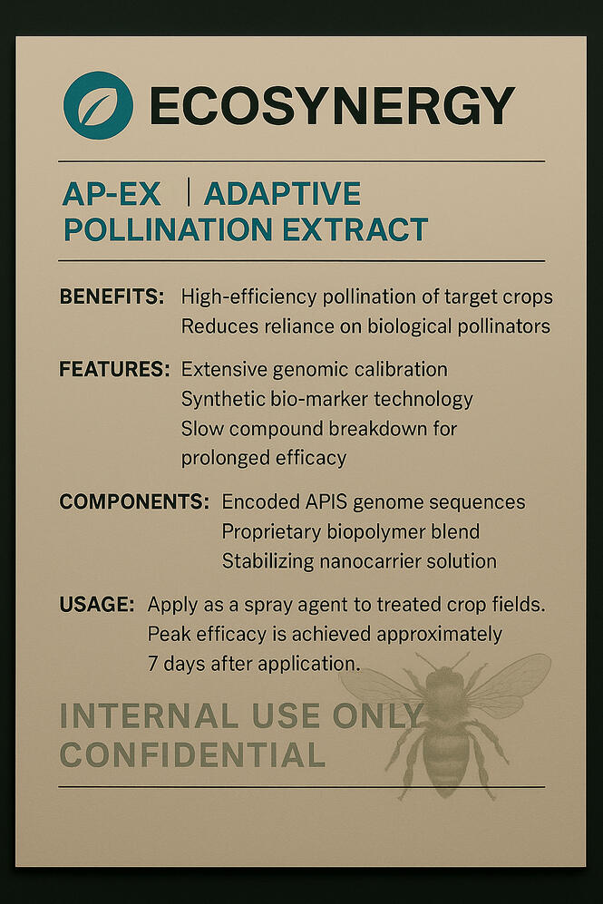 A beige internal document titled “AP-EX™ | ADAPTIVE POLLINATION EXTRACT” from EcoSynergy, featuring a teal company logo, bold section headers outlining benefits, features, and genomic components, and a faded bee watermark near the bottom above the stamped