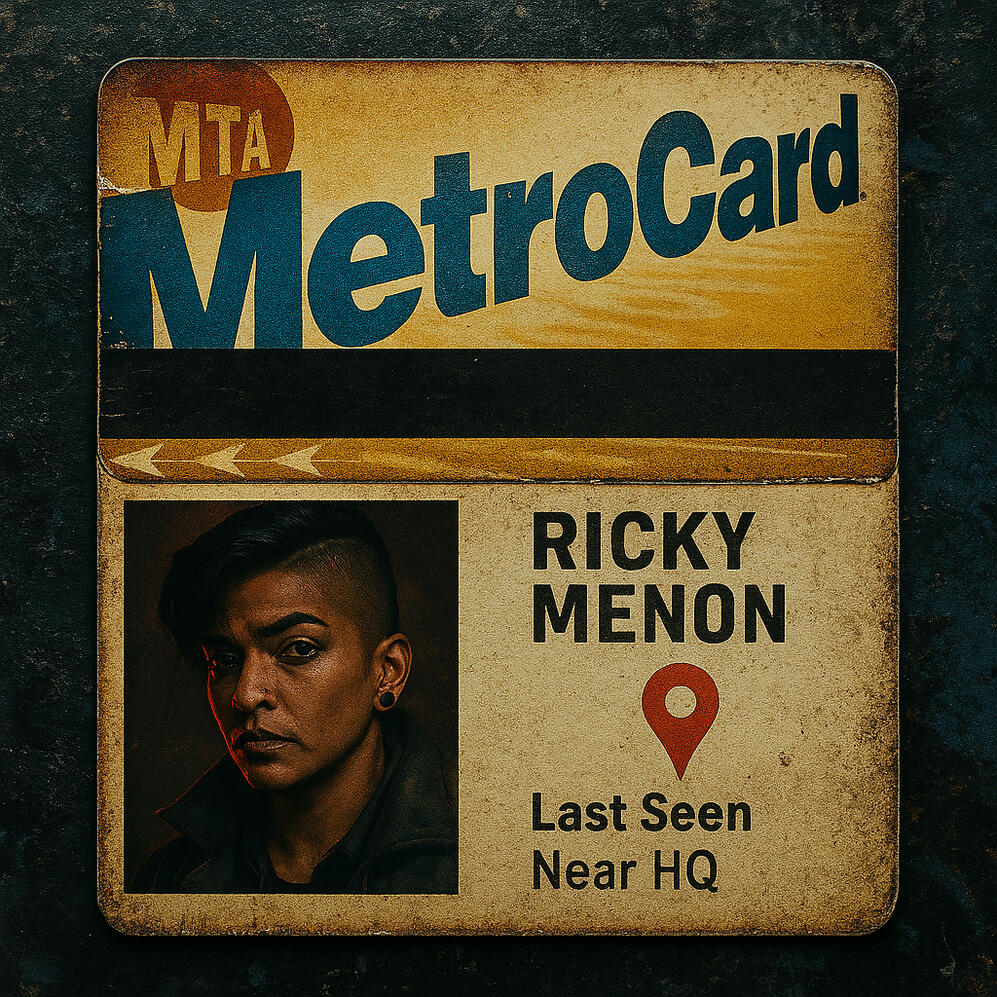 Vintage-style MetroCard labeled “Ricky Menon – Last Seen Near HQ,” featuring a portrait photo and a red location pin icon. The card appears worn and slightly damaged.