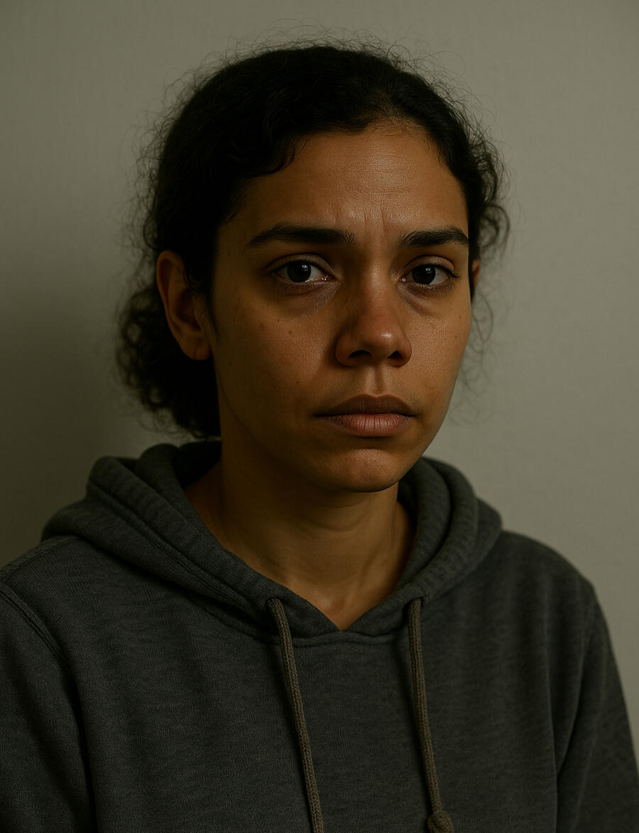 Camilia Vega A woman with curly hair pulled back wears a dark gray hoodie and looks directly at the camera with a serious, contemplative expression. She is standing against a plain, neutral background.